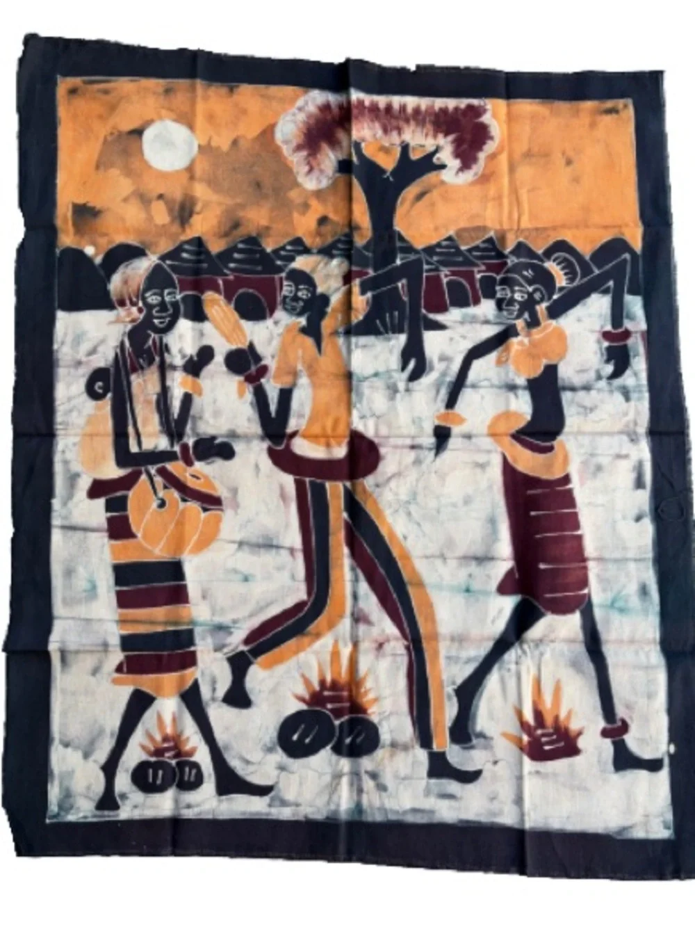 Hand crafted African Village Wall Hanging  Batik - Orange, Black & Brown